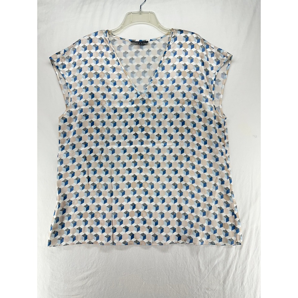 Lafayette 148 New York Silk Geometric Cube Print V-Neck Blouse XL Blue Tan